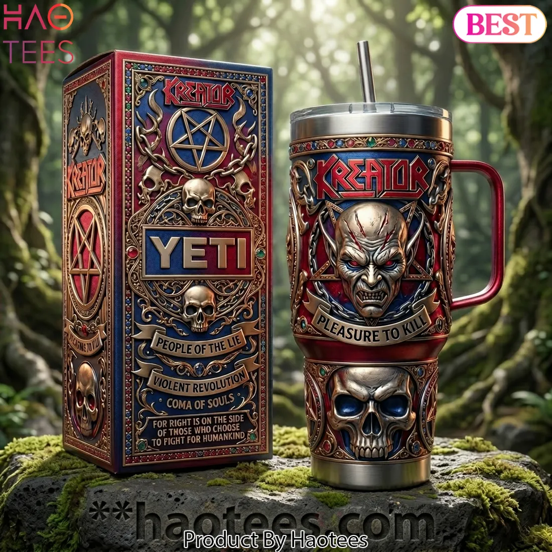 Kreator “Pleasure to Kill” 3D Embossed 40oz Yeti Style Tumbler with Handle Kreator “Pleasure to Kill” 3D Embossed 40oz Yeti Style Tumbler with Handle