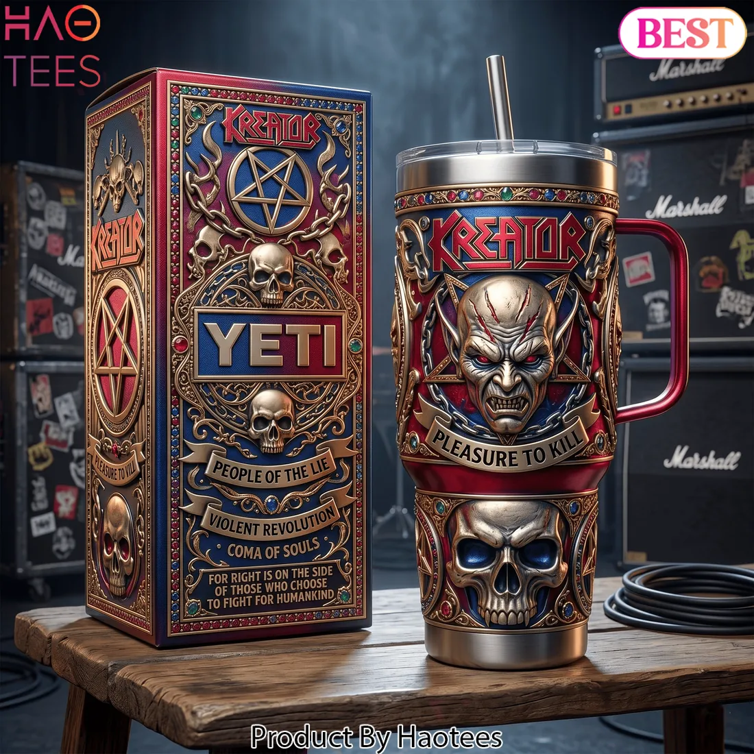 Kreator “Pleasure to Kill” 3D Embossed 40oz Yeti Style Tumbler with Handle Kreator “Pleasure to Kill” 3D Embossed 40oz Yeti Style Tumbler with Handle