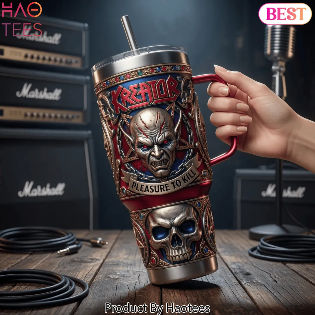 Kreator “Pleasure to Kill” 3D Embossed 40oz Yeti Style Tumbler with Handle Kreator “Pleasure to Kill” 3D Embossed 40oz Yeti Style Tumbler with Handle