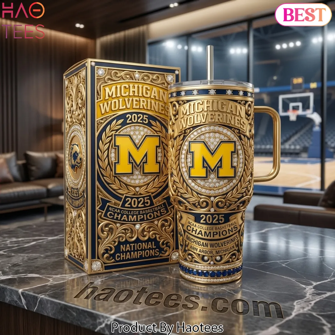 Michigan Wolverines 2025 NCAA Basketball Champions Premium Gold 40oz Insulated Tumbler With Handle
