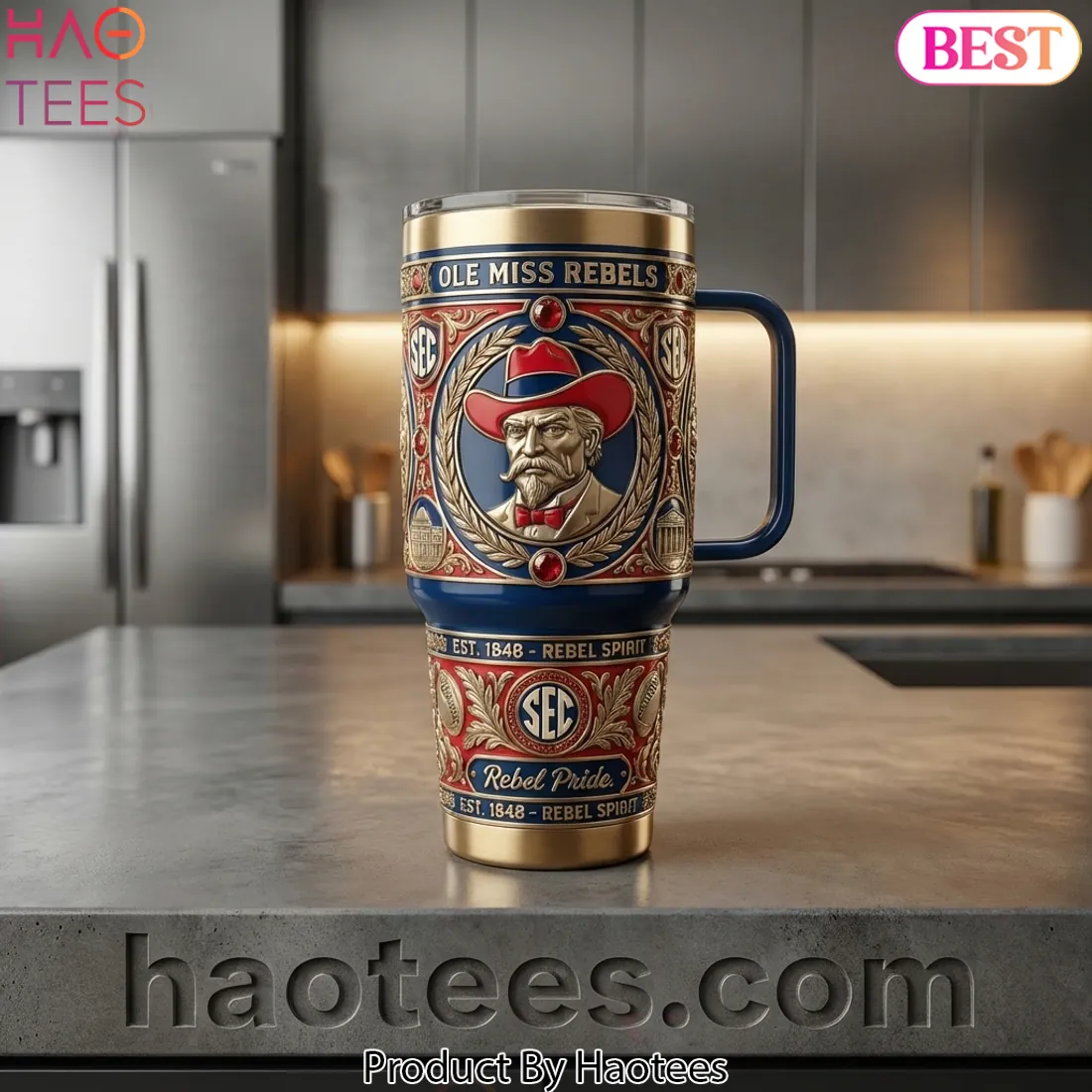 Ole Miss Rebels 40oz Gold Trim Insulated Stainless Steel Tumbler with Handle Ole Miss Rebels 40oz Gold Trim Insulated Stainless Steel Tumbler with Handle