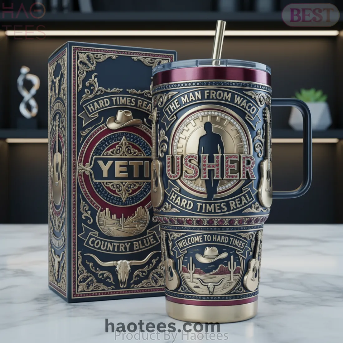 Usher The Man From Waco Premium Ornate Gold Black Western Tumbler