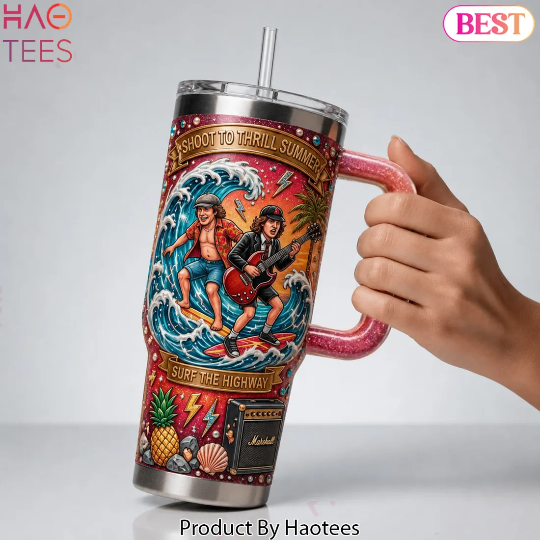 AC/DC Shoot to Thrill Summer Surfing Beach Handled Tumbler AC/DC Shoot to Thrill Summer Surfing Beach Handled Tumbler