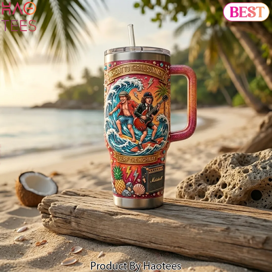AC/DC Shoot to Thrill Summer Surfing Beach Handled Tumbler