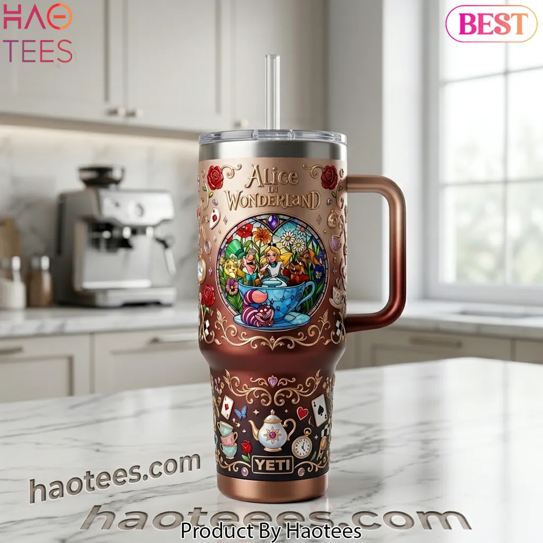 Alice in Wonderland Stained Glass Design Tumbler With Handle