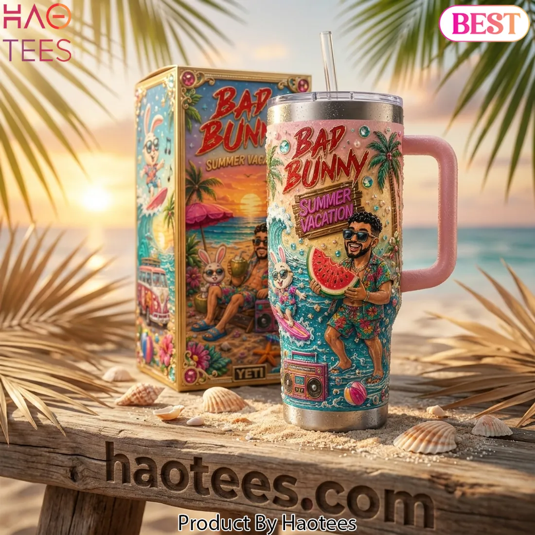 Bad Bunny Summer Vacation 40oz Insulated Tumbler with Handle Bad Bunny Summer Vacation 40oz Insulated Tumbler with Handle