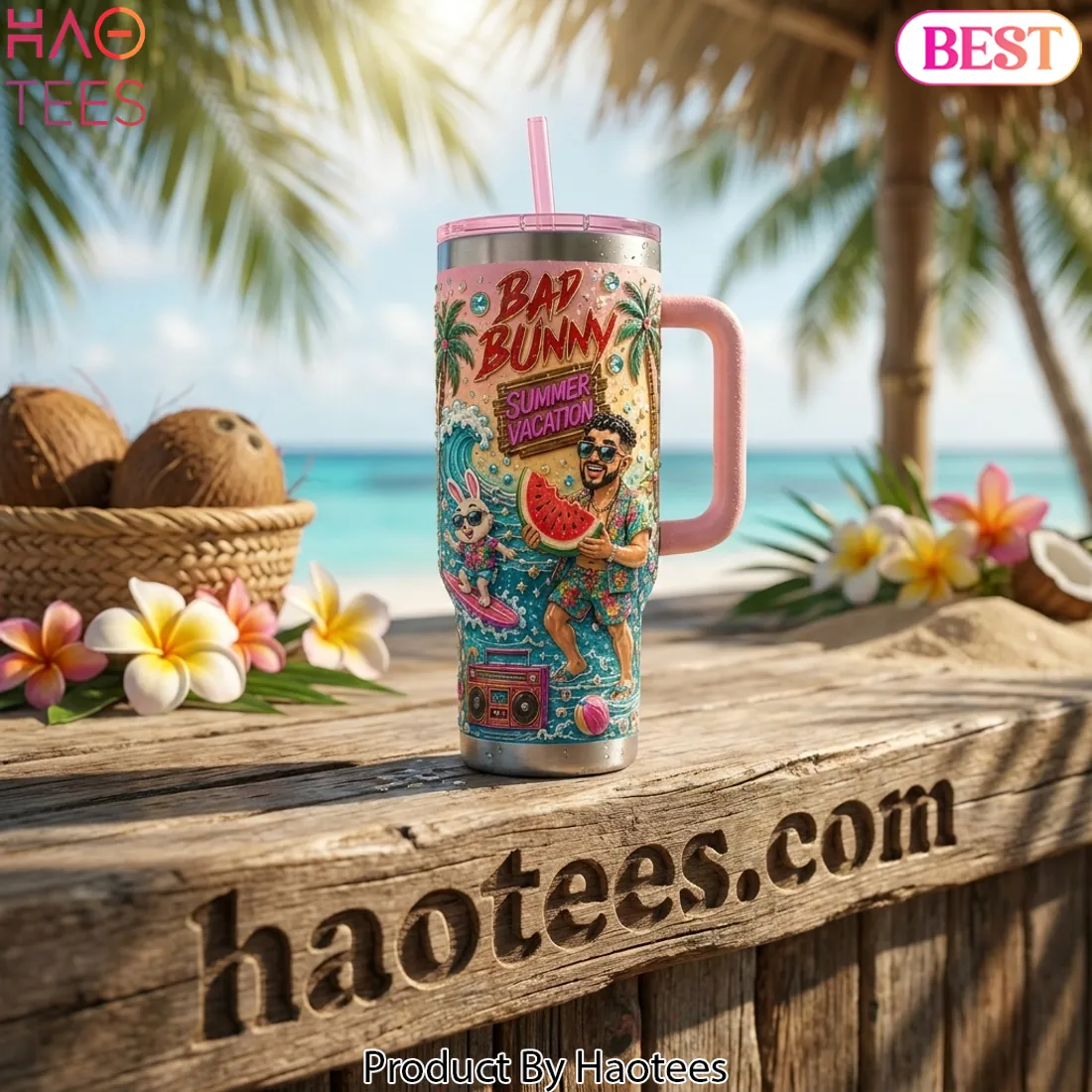 Bad Bunny Summer Vacation 40oz Insulated Tumbler with Handle Bad Bunny Summer Vacation 40oz Insulated Tumbler with Handle