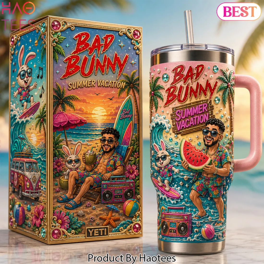 Bad Bunny Summer Vacation 40oz Insulated Tumbler with Handle Bad Bunny Summer Vacation 40oz Insulated Tumbler with Handle