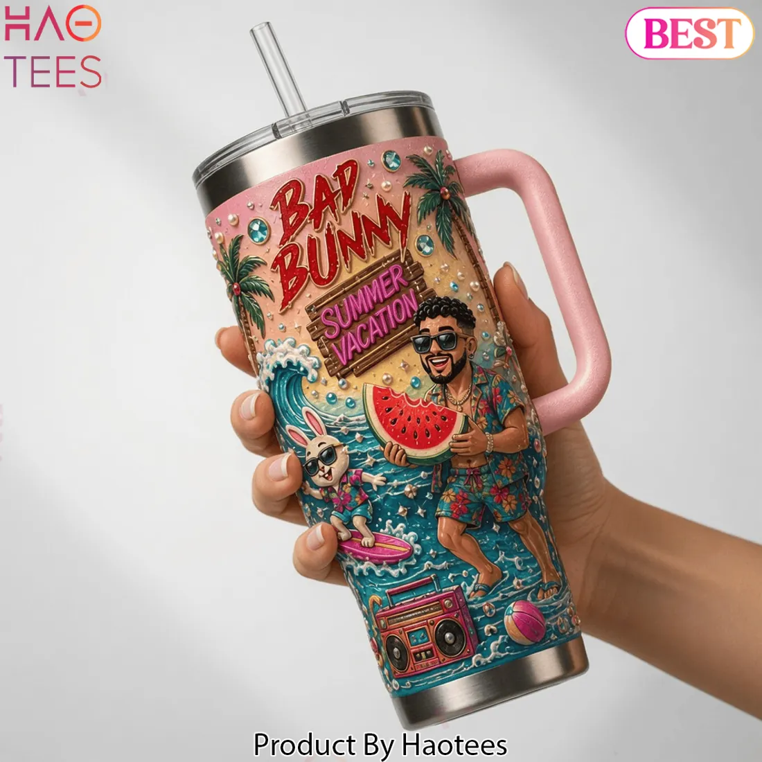 Bad Bunny Summer Vacation 40oz Insulated Tumbler with Handle Bad Bunny Summer Vacation 40oz Insulated Tumbler with Handle