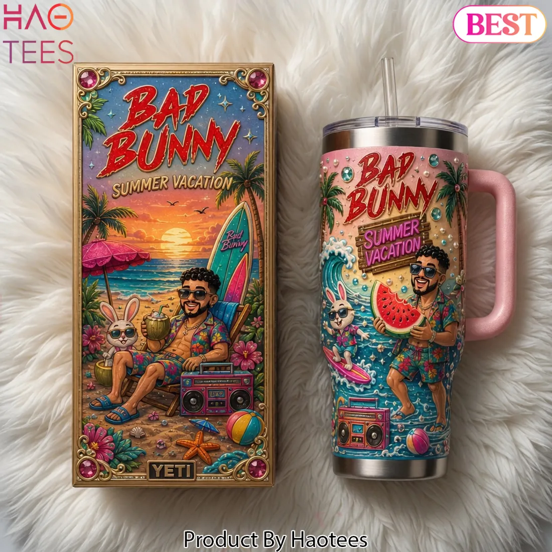 Bad Bunny Summer Vacation 40oz Insulated Tumbler with Handle Bad Bunny Summer Vacation 40oz Insulated Tumbler with Handle