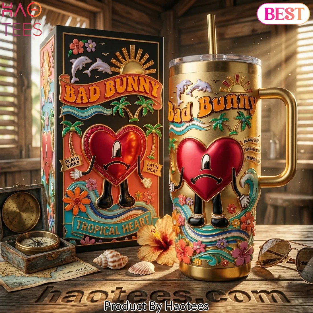 Bad Bunny Tropical Heart 3D Gold Playa Vibes Tumbler with Handle