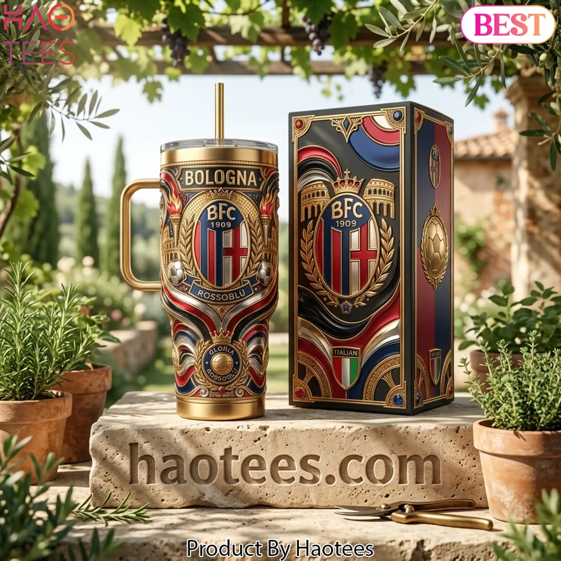 Bologna FC 1909 Rossoblù Premium Gold 40oz Tumbler with Handle