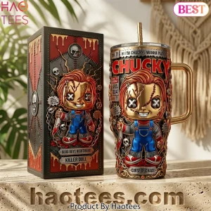 Chucky “Wanna Play” 3D Embossed Gold Horror 40oz Tumbler With Handle