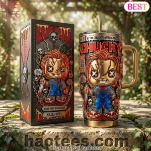 Chucky “Wanna Play” 3D Embossed Gold Horror 40oz Tumbler With Handle