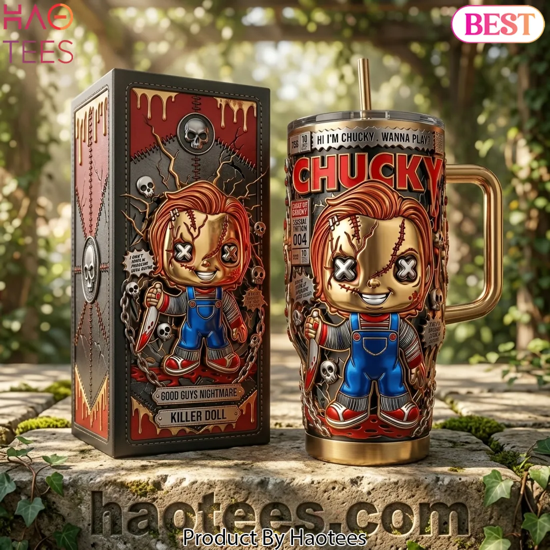 Chucky “Wanna Play” 3D Embossed Gold Horror 40oz Tumbler With Handle Chucky “Wanna Play” 3D Embossed Gold Horror 40oz Tumbler With Handle