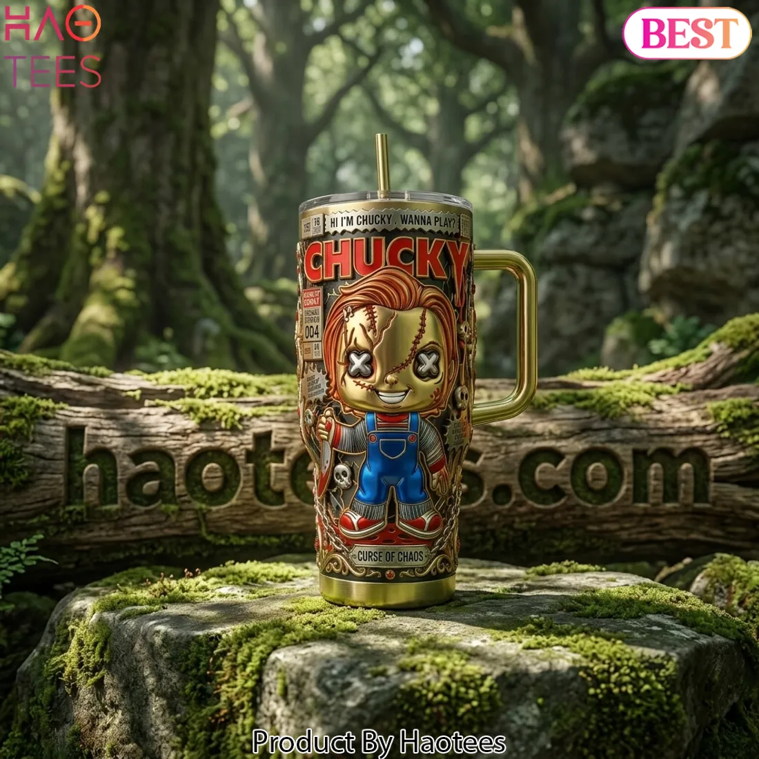 Chucky “Wanna Play” 3D Embossed Gold Horror 40oz Tumbler With Handle Chucky “Wanna Play” 3D Embossed Gold Horror 40oz Tumbler With Handle