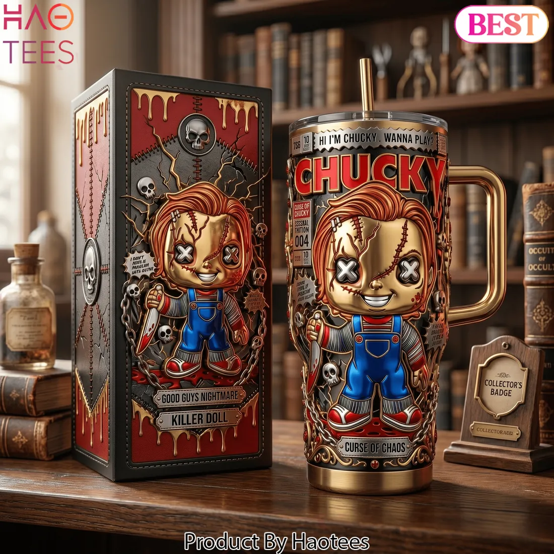 Chucky “Wanna Play” 3D Embossed Gold Horror 40oz Tumbler With Handle Chucky “Wanna Play” 3D Embossed Gold Horror 40oz Tumbler With Handle