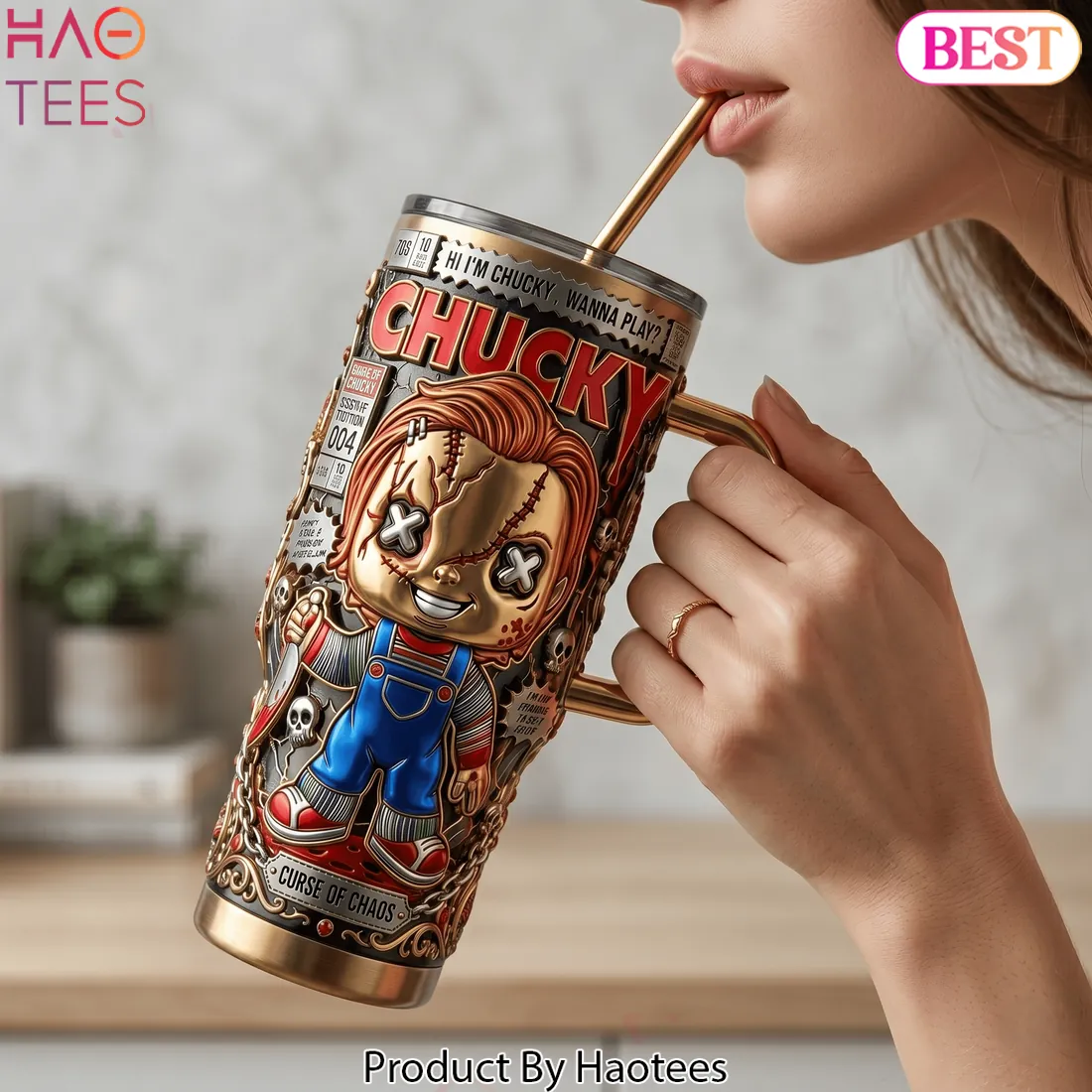 Chucky “Wanna Play” 3D Embossed Gold Horror 40oz Tumbler With Handle Chucky “Wanna Play” 3D Embossed Gold Horror 40oz Tumbler With Handle