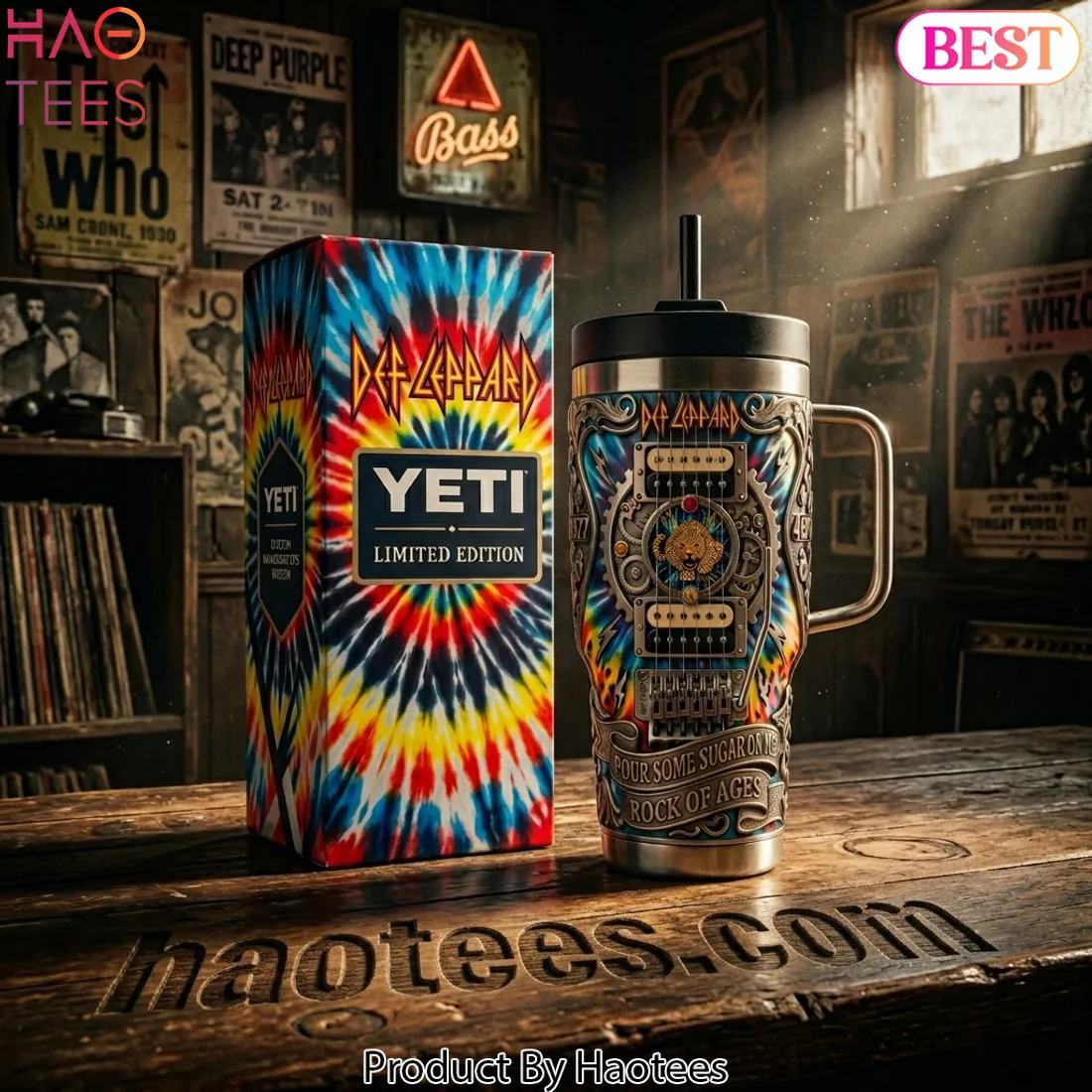 Def Leppard Pour Some Sugar On Me Rock of Ages Tie Dye Handle Tumbler