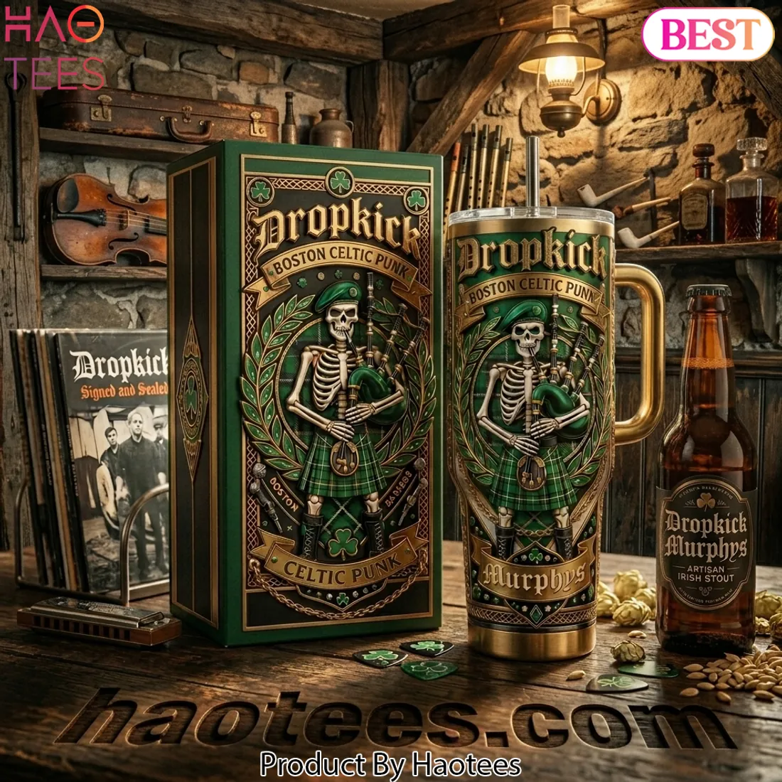 Dropkick Murphys Boston Celtic Punk Skeleton Bagpiper Tumbler With Handle