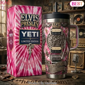 Elvis Presley The King of Rock N Roll TCB Forever Pink Tie Dye 3D Guitar Handle Tumbler