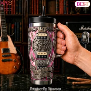 Elvis Presley The King of Rock N Roll TCB Forever Pink Tie Dye 3D Guitar Handle Tumbler
