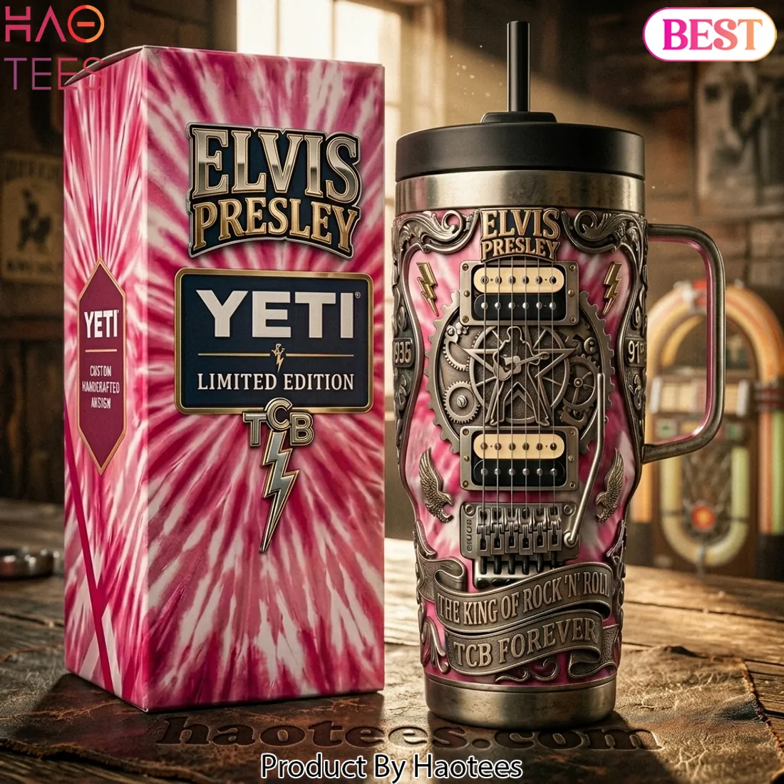 Elvis Presley The King of Rock N Roll TCB Forever Pink Tie Dye 3D Guitar Handle Tumbler