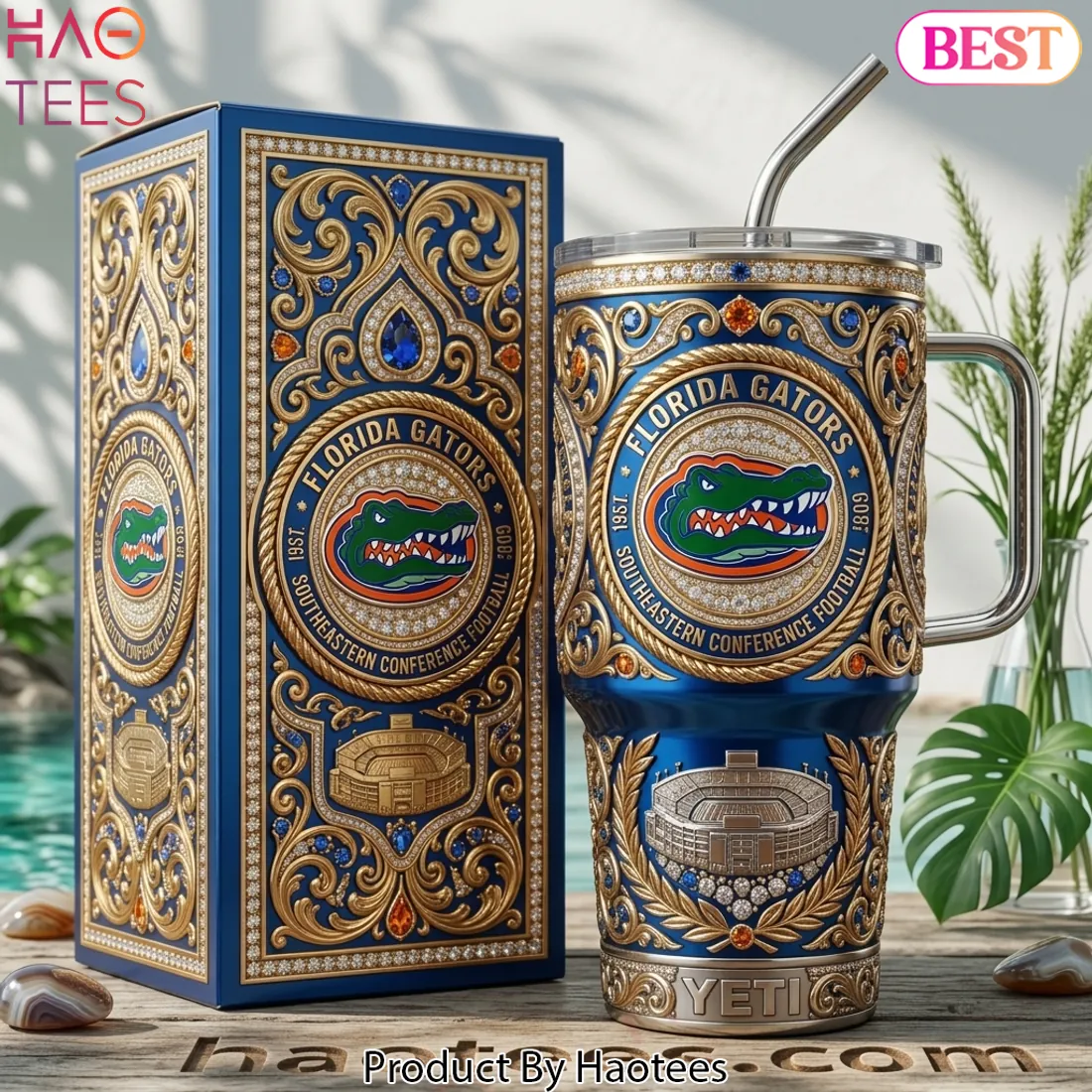 Florida Gators Southeastern Conference Football Luxury 3D Gold Filigree Yeti Tumbler