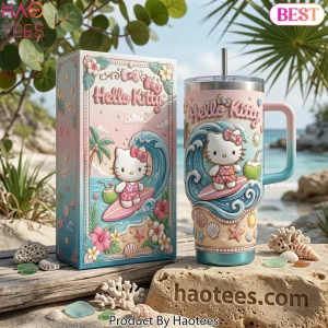 Hello Kitty Beach Surfing 3D Design 40oz Tumbler with Handle