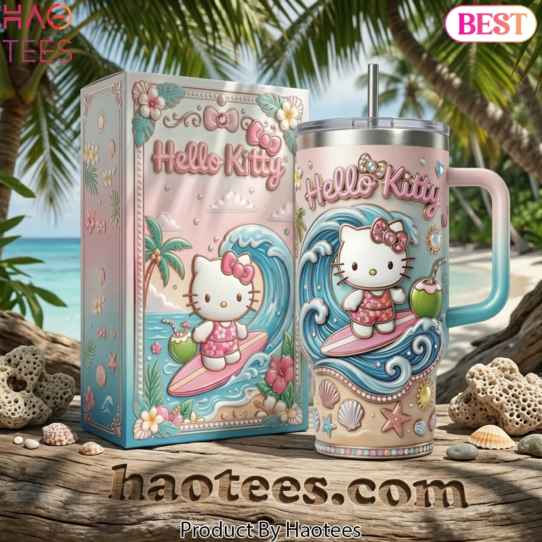Hello Kitty Beach Surfing 3D Design 40oz Tumbler with Handle