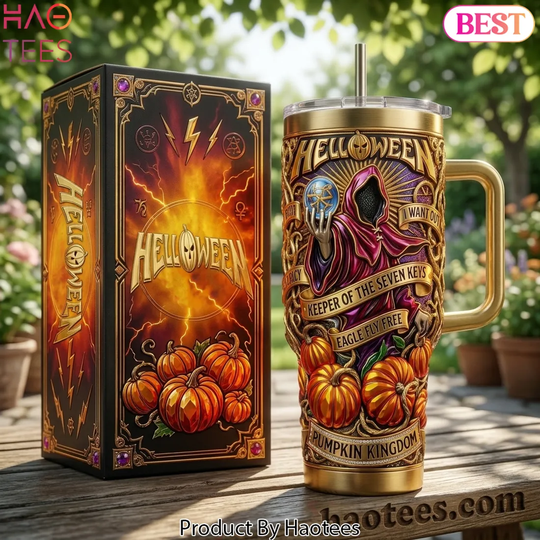 Helloween Keeper of the Seven Keys 3D Golden Tumbler with Handle