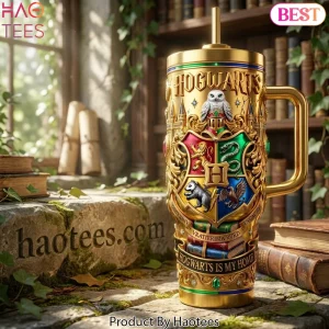 Hogwarts Is My Home Gold 3D Embossed Crest 40oz Tumbler with Handle
