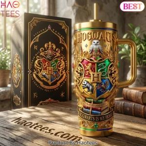 Hogwarts Is My Home Gold 3D Embossed Crest 40oz Tumbler with Handle