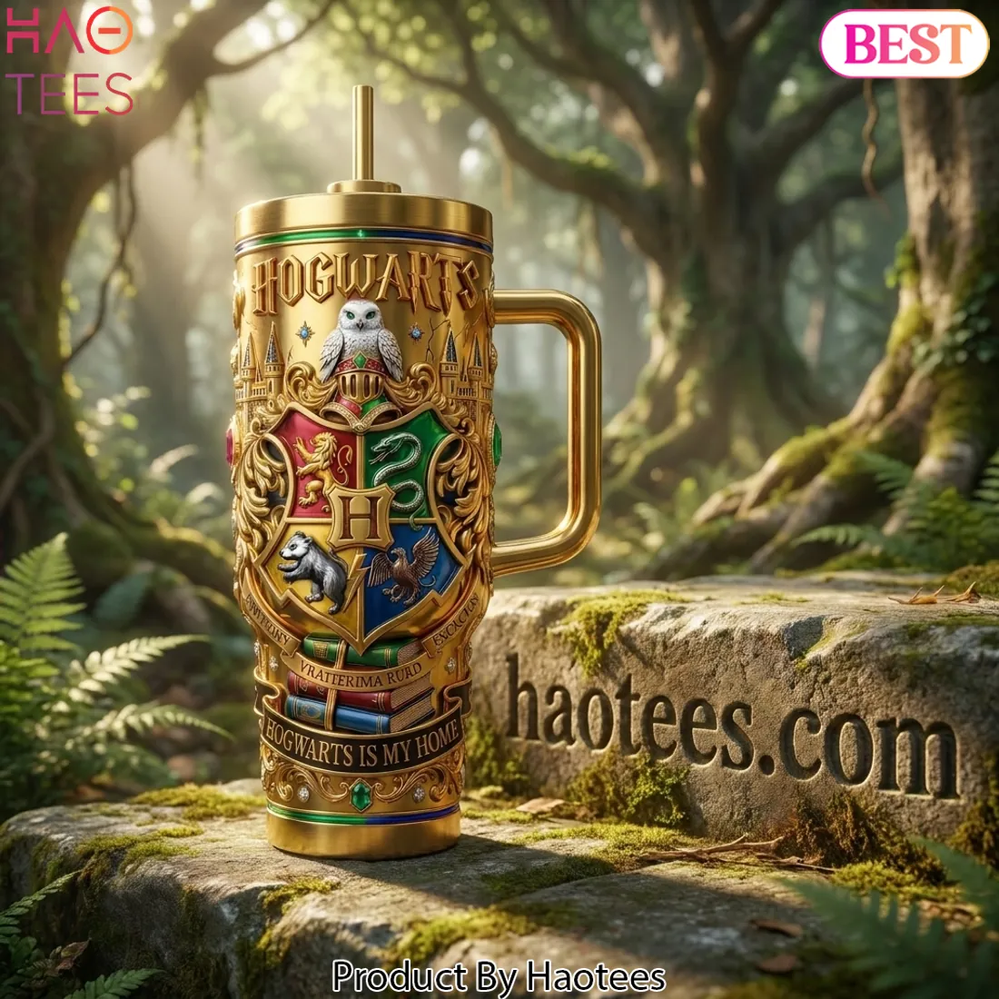 Hogwarts Is My Home Gold 3D Embossed Crest 40oz Tumbler with Handle