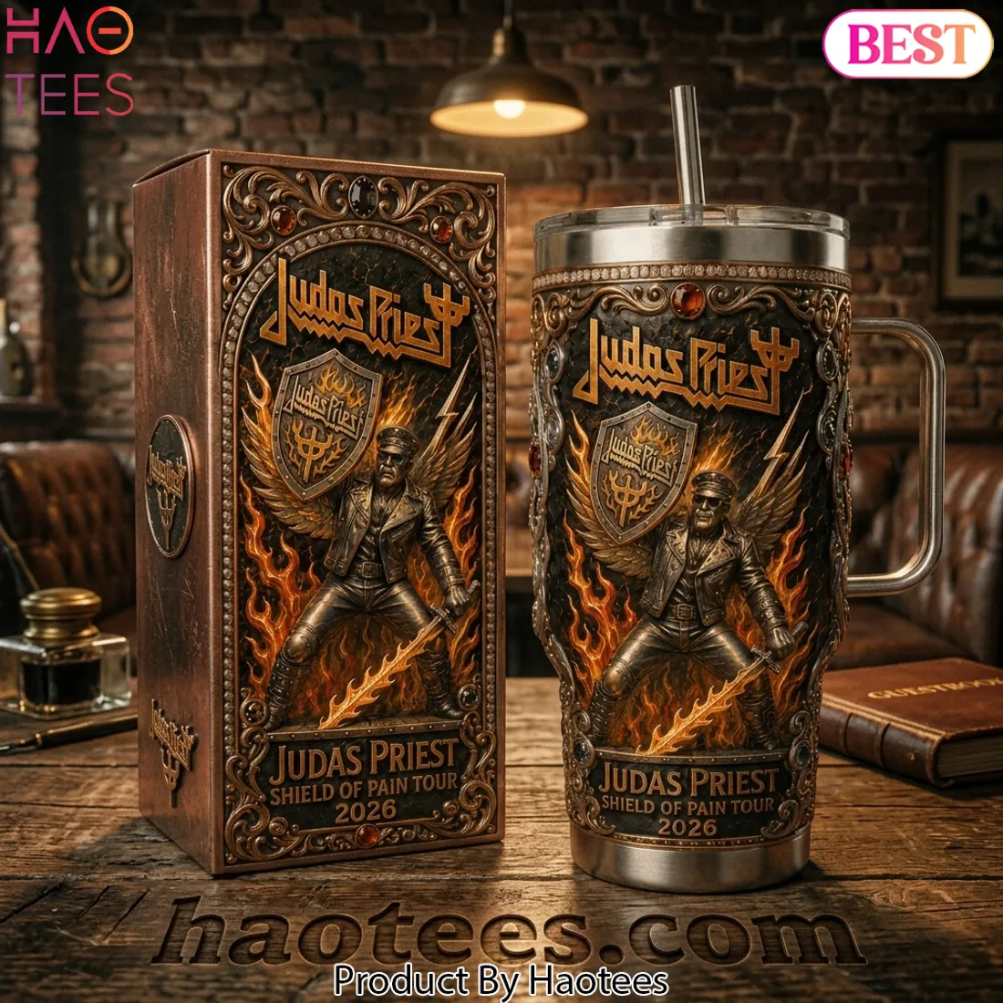 Judas Priest Shield of Pain Tour 2026 3D Embossed Heavy Metal Tumbler Judas Priest Shield of Pain Tour 2026 3D Embossed Heavy Metal Tumbler