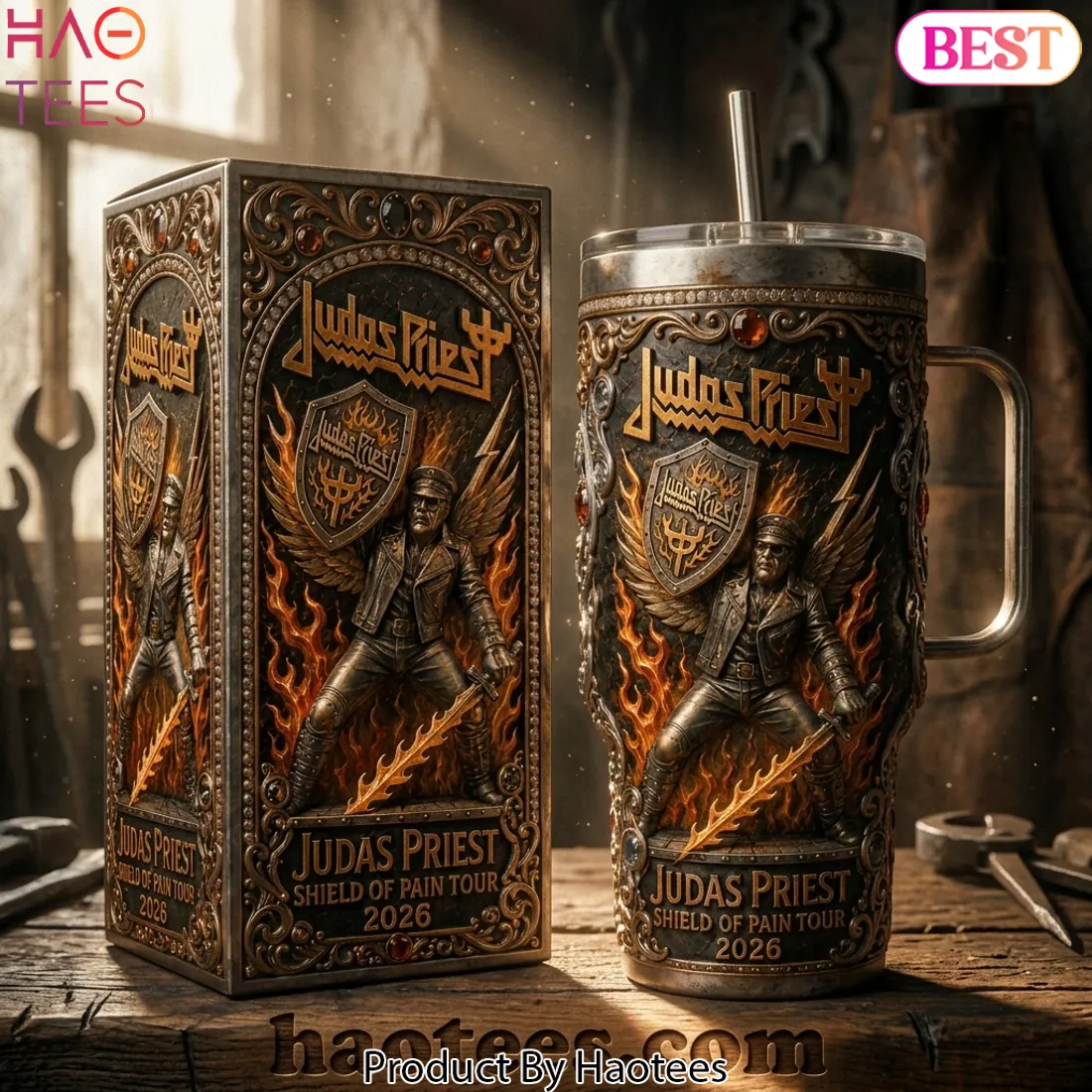 Judas Priest Shield of Pain Tour 2026 3D Embossed Heavy Metal Tumbler Judas Priest Shield of Pain Tour 2026 3D Embossed Heavy Metal Tumbler