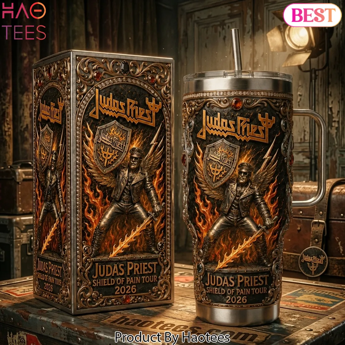 Judas Priest Shield of Pain Tour 2026 3D Embossed Heavy Metal Tumbler Judas Priest Shield of Pain Tour 2026 3D Embossed Heavy Metal Tumbler