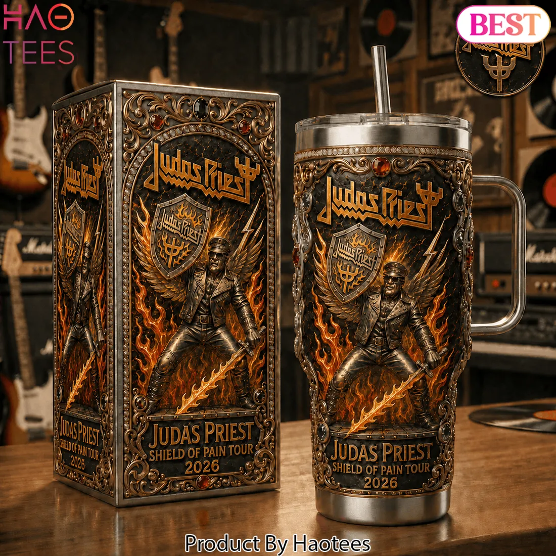 Judas Priest Shield of Pain Tour 2026 3D Embossed Heavy Metal Tumbler Judas Priest Shield of Pain Tour 2026 3D Embossed Heavy Metal Tumbler