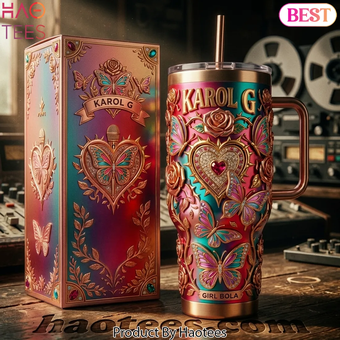 Karol G Girl Bola 3D Embossed Butterfly Heart 40oz Tumbler with Handle