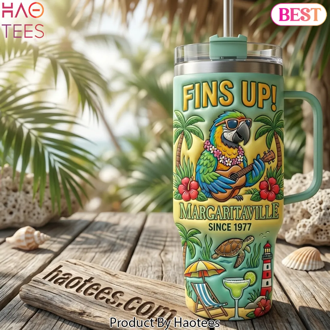 Margaritaville Fins Up! 3D Embossed Handled Tumbler Margaritaville Fins Up! 3D Embossed Handled Tumbler