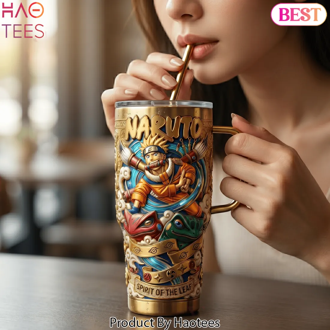 Naruto Golden 3D Embossed Spirit of the Leaf 40oz Tumbler With Handle Naruto Golden 3D Embossed Spirit of the Leaf 40oz Tumbler With Handle