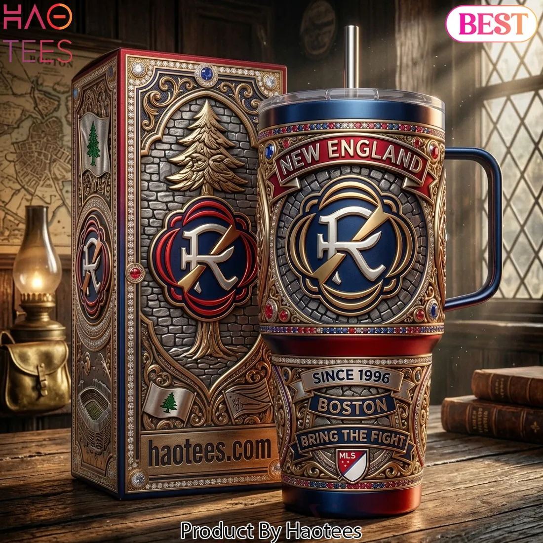 New England Revolution Boston MLS Bring The Fight Premium 3D Embossed 40oz Tumbler With Handle