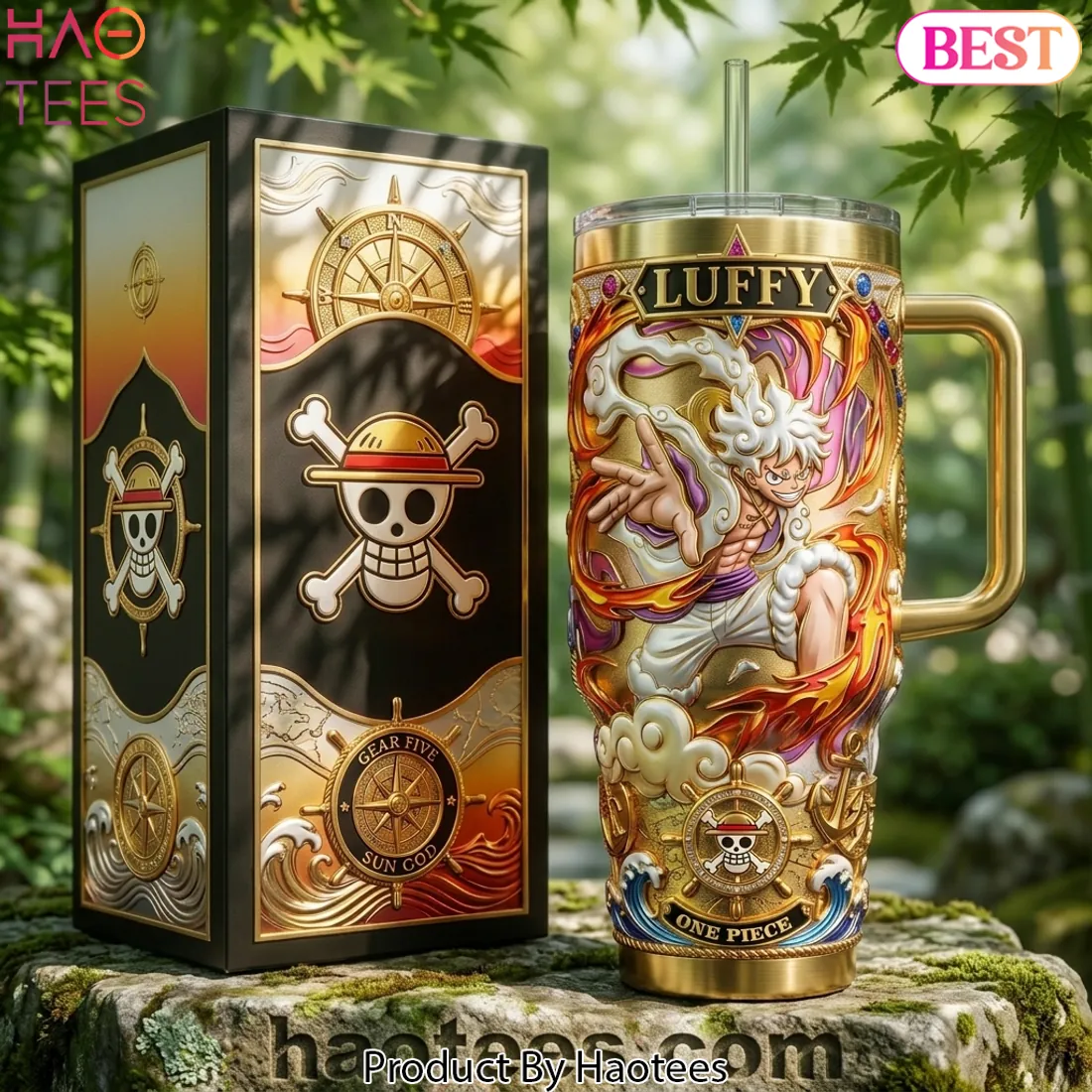 One Piece Luffy Gear Five 40oz Gold Embossed Tumbler With Handle One Piece Luffy Gear Five 40oz Gold Embossed Tumbler With Handle