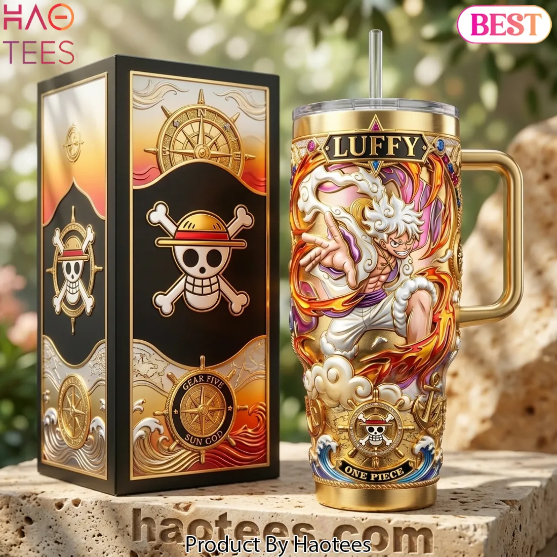 One Piece Luffy Gear Five 40oz Gold Embossed Tumbler With Handle One Piece Luffy Gear Five 40oz Gold Embossed Tumbler With Handle