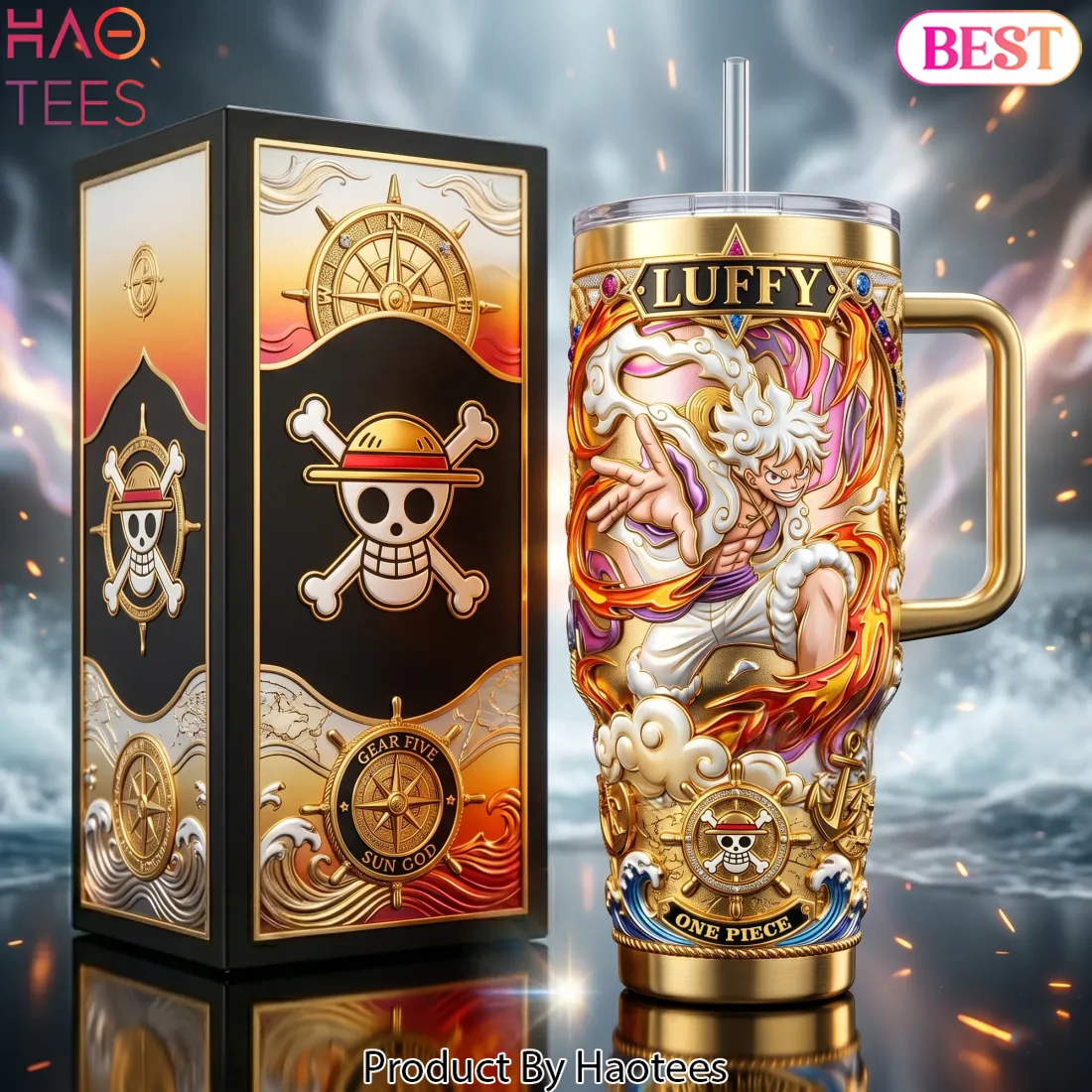 One Piece Luffy Gear Five 40oz Gold Embossed Tumbler With Handle One Piece Luffy Gear Five 40oz Gold Embossed Tumbler With Handle