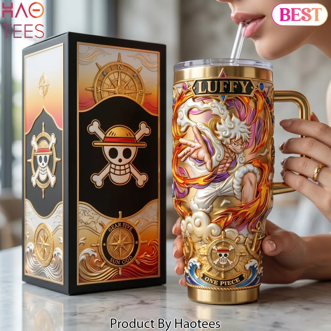 One Piece Luffy Gear Five 40oz Gold Embossed Tumbler With Handle One Piece Luffy Gear Five 40oz Gold Embossed Tumbler With Handle
