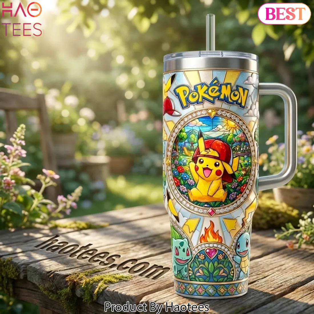 Pokémon Pikachu Ash Stained Glass 40oz Tumbler With Handle