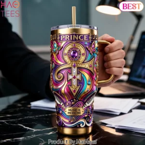 Prince Music Is Medicine Purple Gold Love Symbol 40oz Tumbler With Handle
