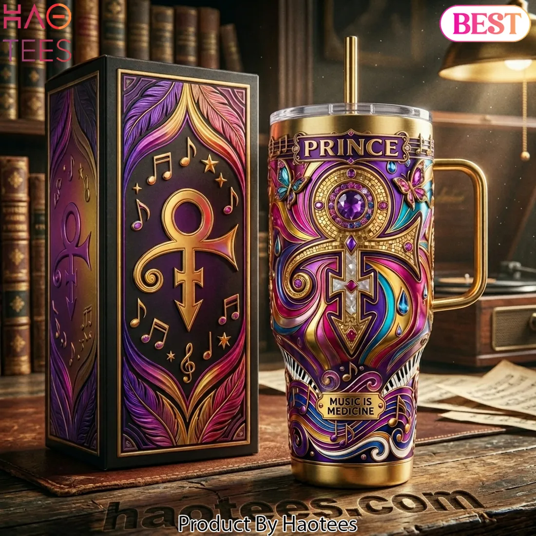 Prince Music Is Medicine Purple Gold Love Symbol 40oz Tumbler With Handle