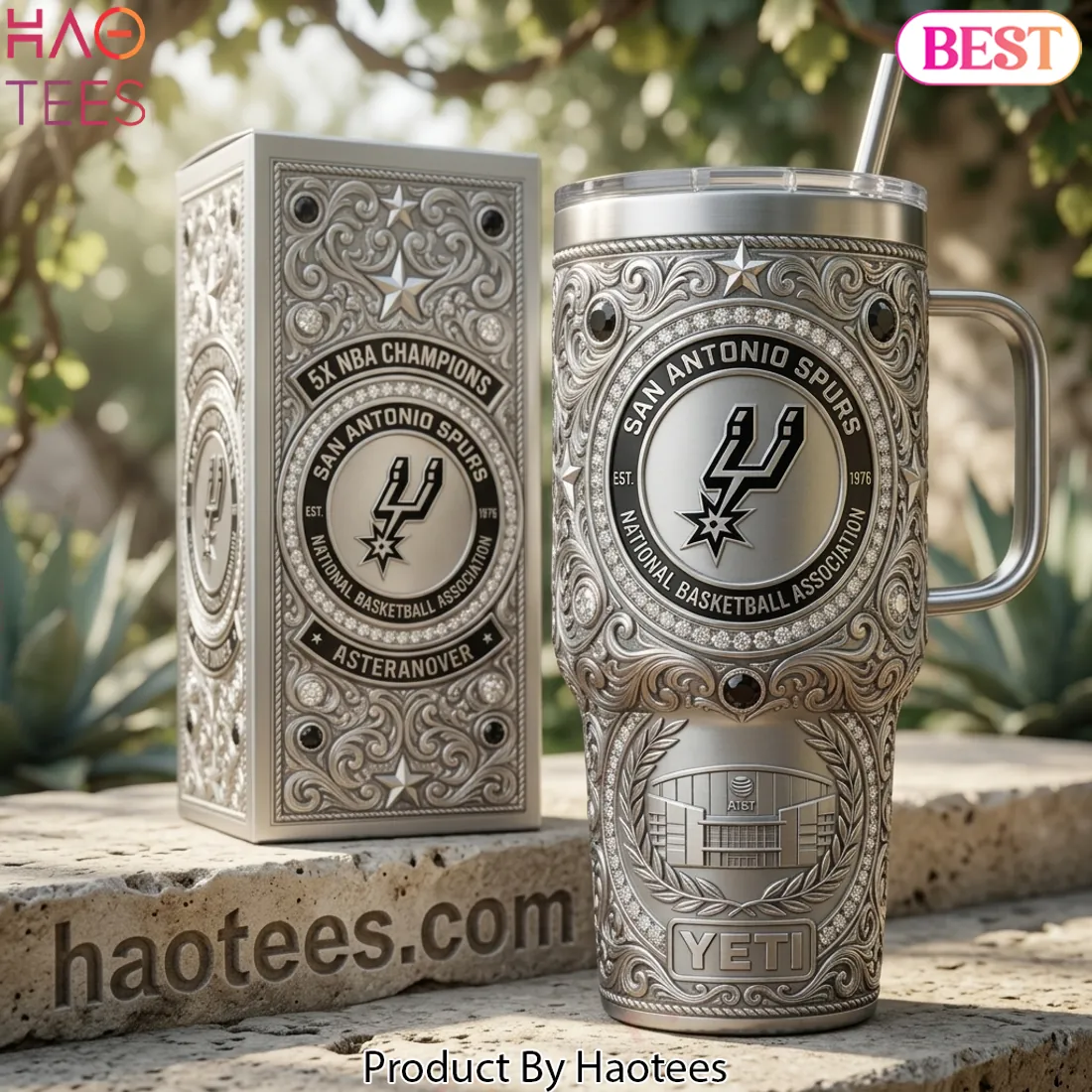 San Antonio Spurs 5X NBA Champions Silver Engraved Luxury 40oz Tumbler with Lid and Straw